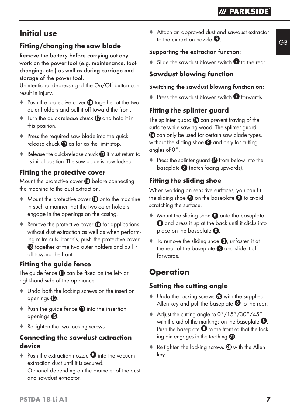 Initial use, Operation | Parkside PSTDA 18-Li A1 User Manual | Page 11 / 89