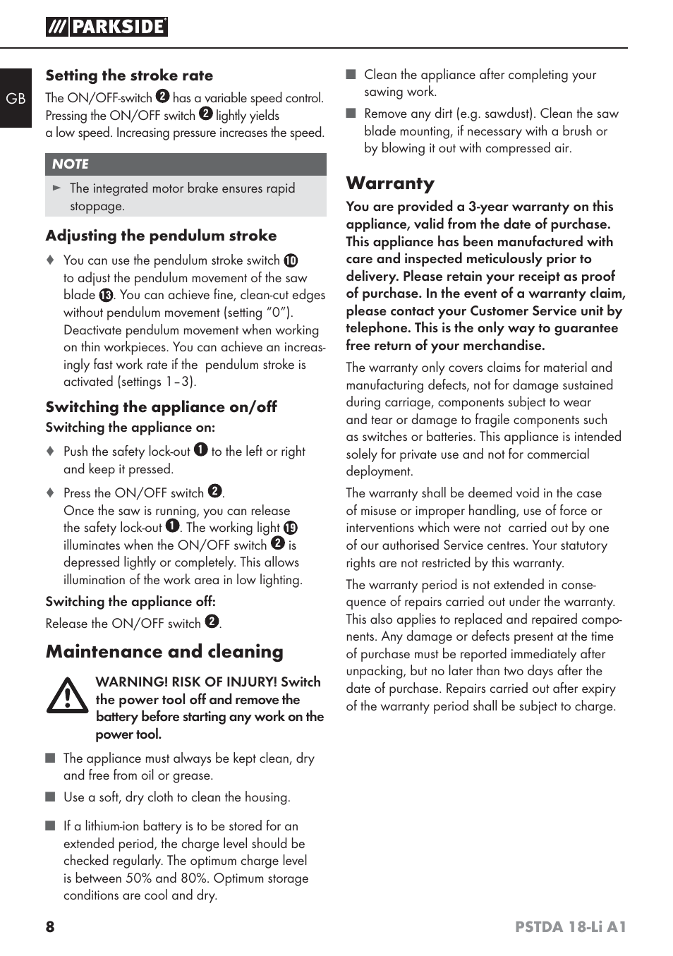 Maintenance and cleaning, Warranty | Parkside PSTDA 18-Li A1 User Manual | Page 12 / 89