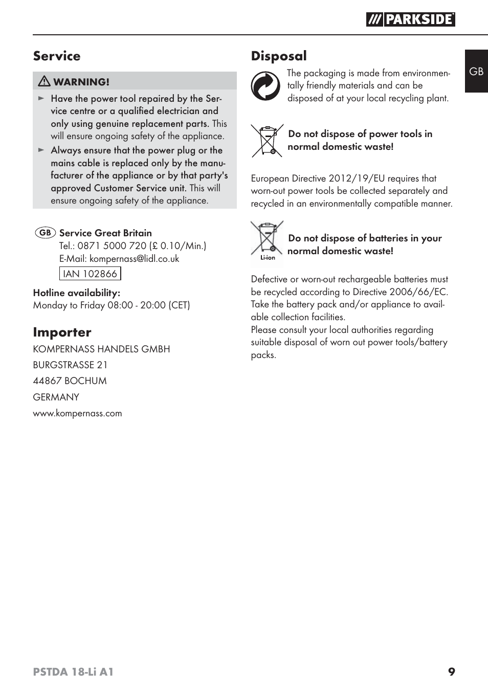 Service, Importer, Disposal | Parkside PSTDA 18-Li A1 User Manual | Page 13 / 89