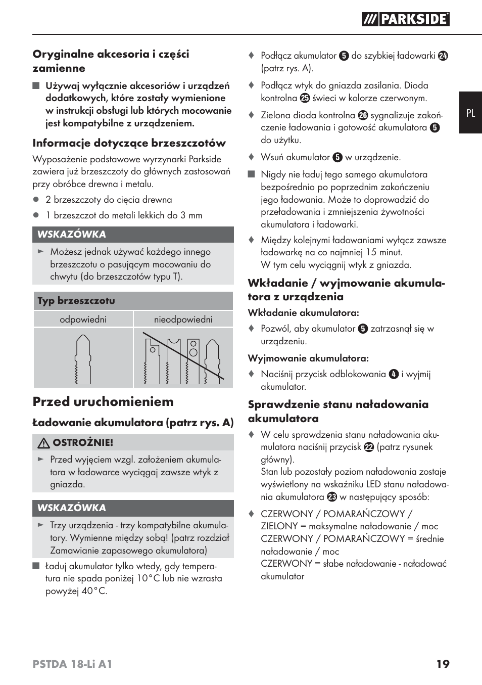 Przed uruchomieniem | Parkside PSTDA 18-Li A1 User Manual | Page 23 / 89