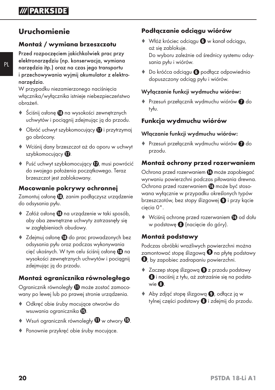 Uruchomienie | Parkside PSTDA 18-Li A1 User Manual | Page 24 / 89