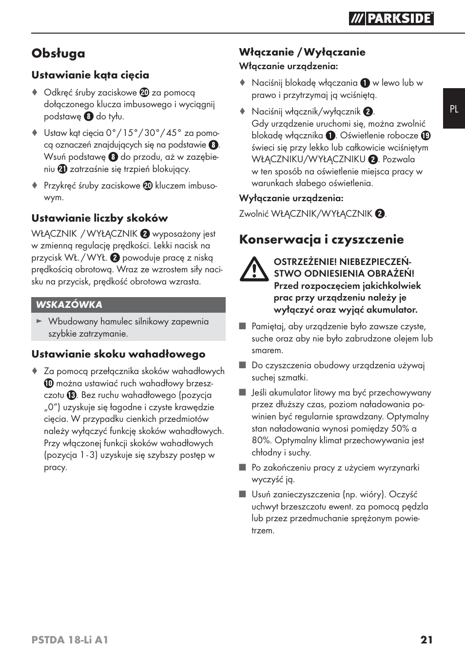 Obsługa, Konserwacja i czyszczenie | Parkside PSTDA 18-Li A1 User Manual | Page 25 / 89