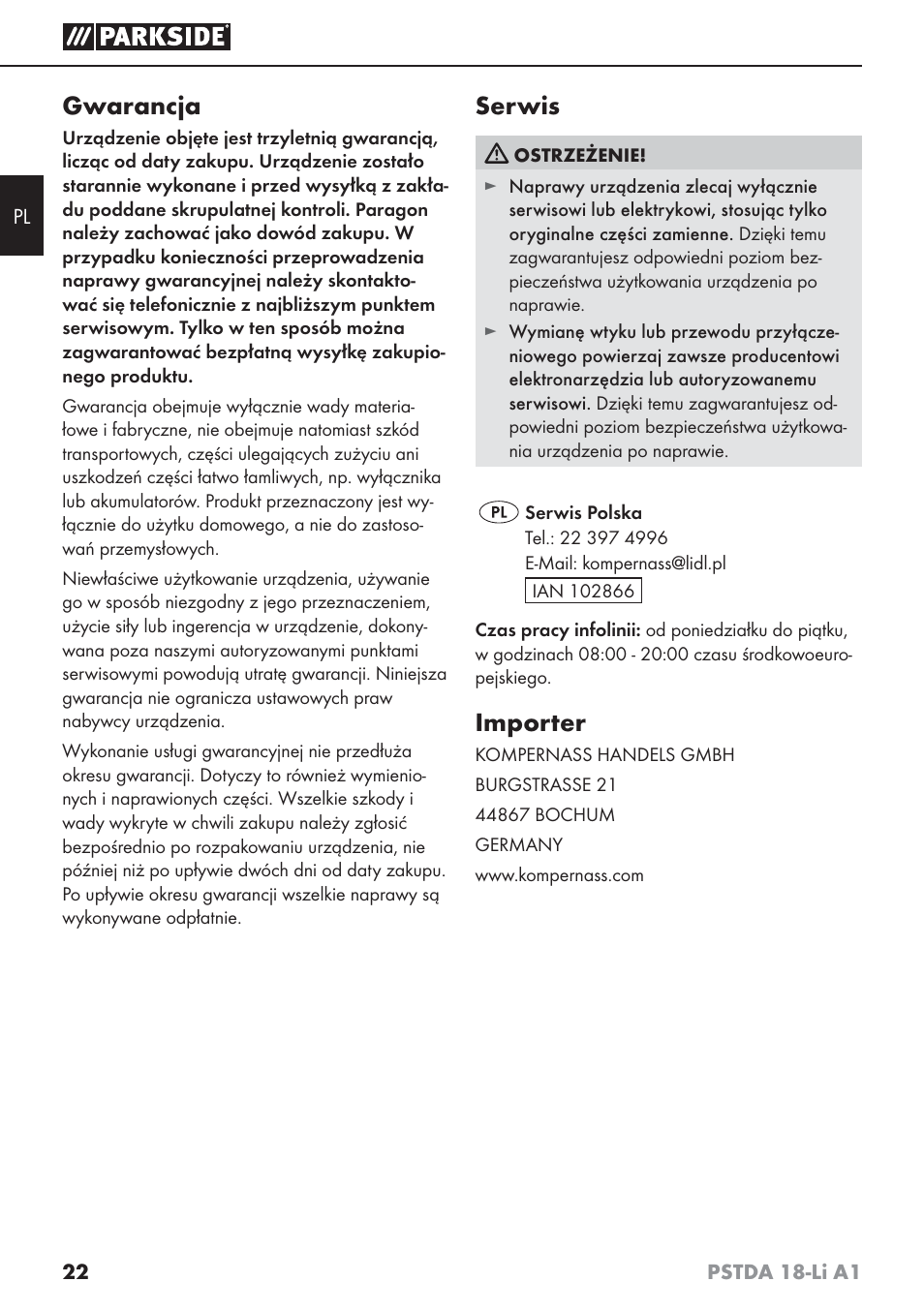 Gwarancja, Serwis, Importer | Parkside PSTDA 18-Li A1 User Manual | Page 26 / 89