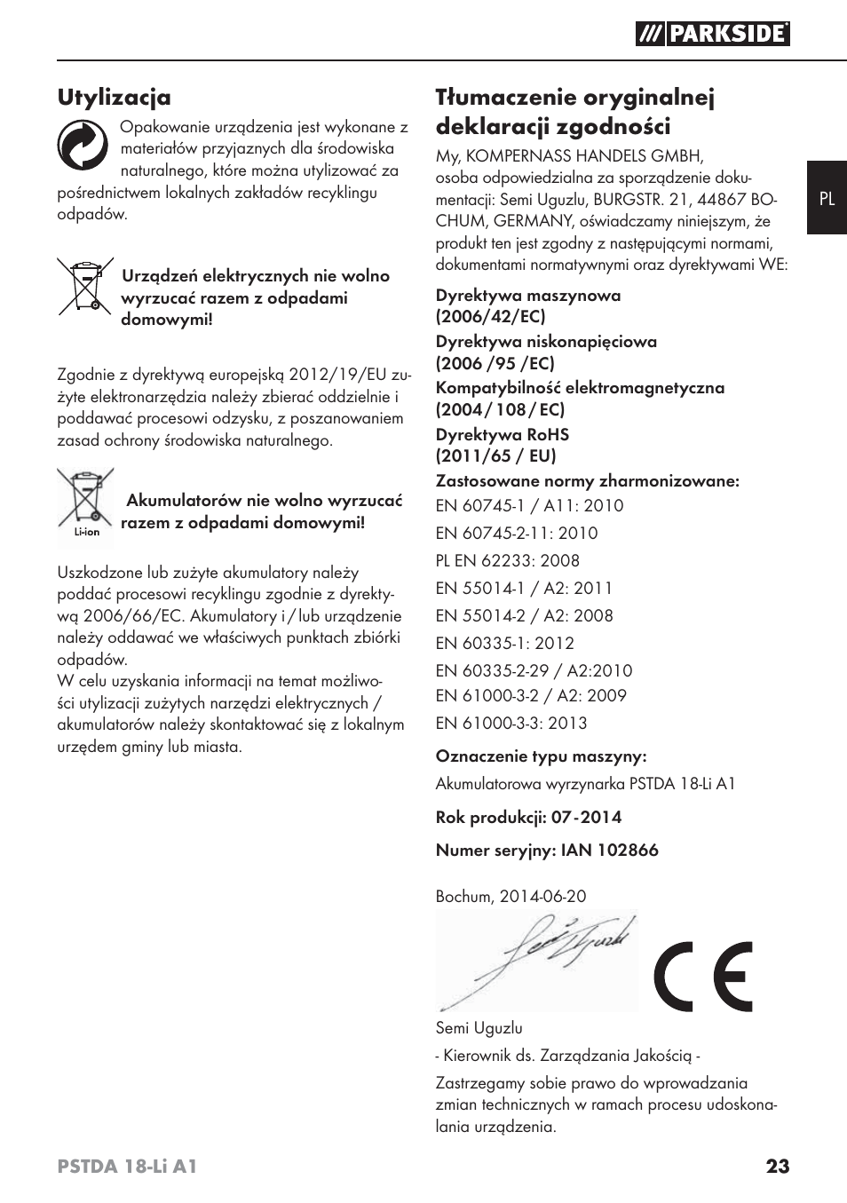 Utylizacja, Tłumaczenie oryginalnej deklaracji zgodności | Parkside PSTDA 18-Li A1 User Manual | Page 27 / 89