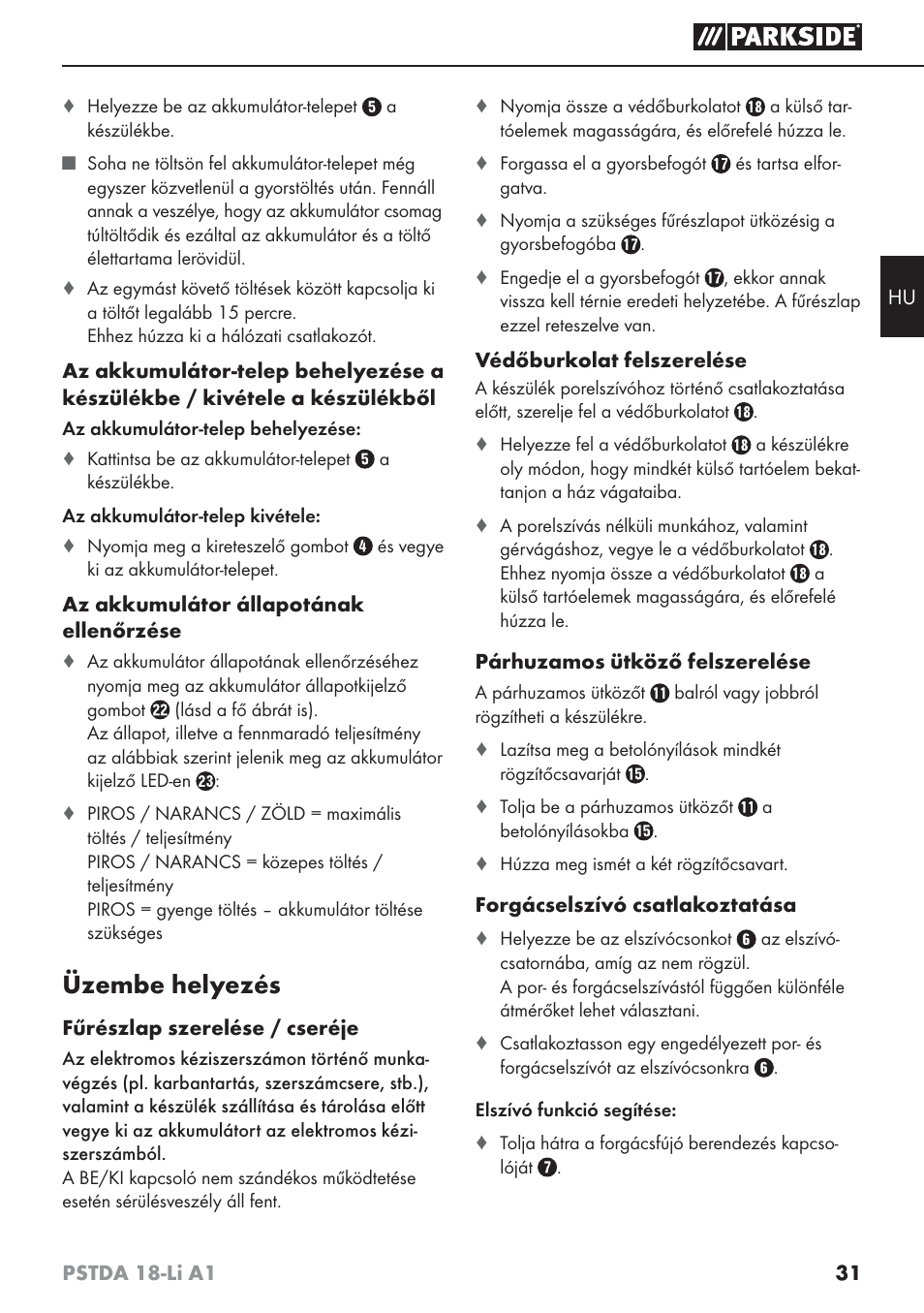 Üzembe helyezés | Parkside PSTDA 18-Li A1 User Manual | Page 35 / 89
