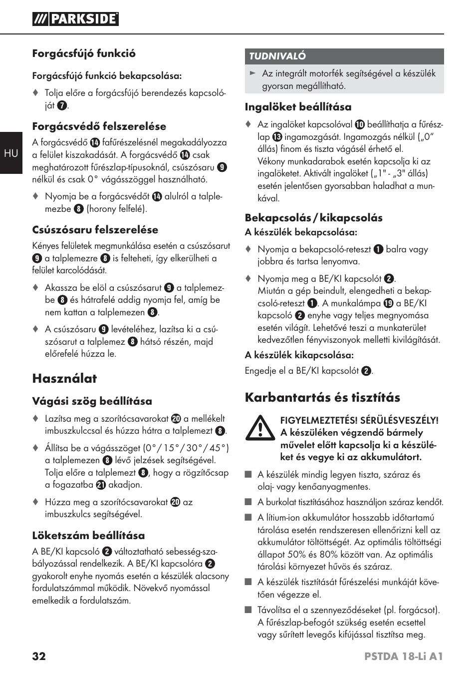 Használat, Karbantartás és tisztítás | Parkside PSTDA 18-Li A1 User Manual | Page 36 / 89