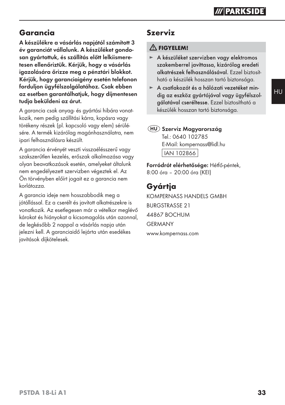 Garancia, Szerviz, Gyártja | Parkside PSTDA 18-Li A1 User Manual | Page 37 / 89