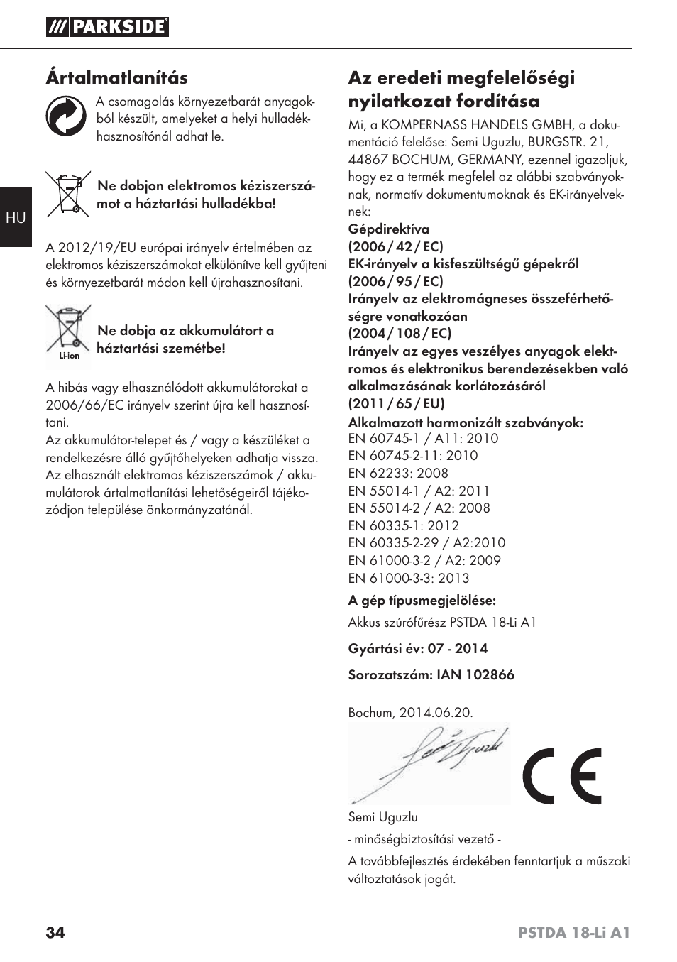 Ártalmatlanítás, Az eredeti megfelelőségi nyilatkozat fordítása | Parkside PSTDA 18-Li A1 User Manual | Page 38 / 89