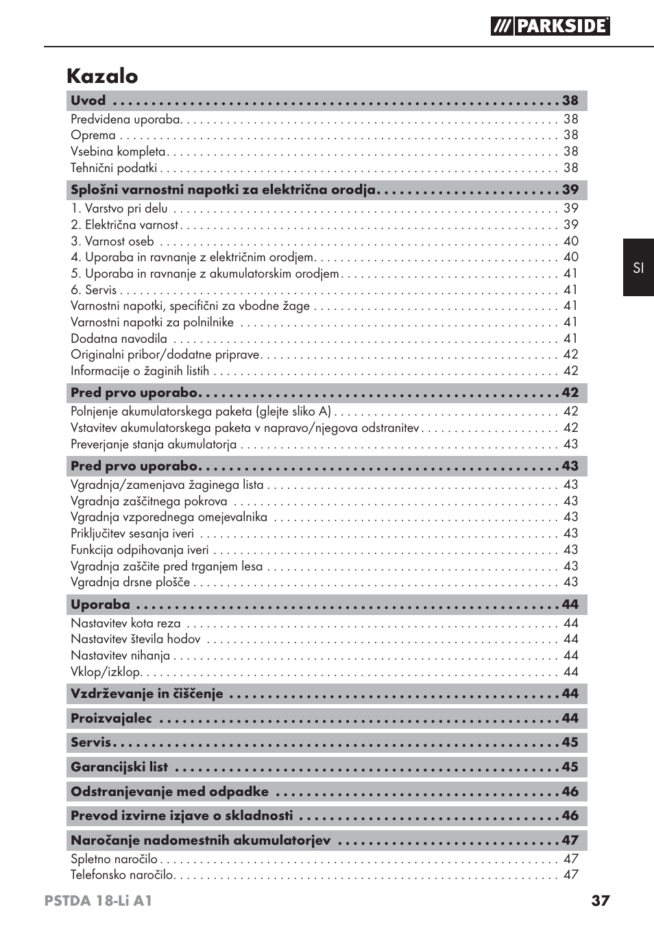 Kazalo | Parkside PSTDA 18-Li A1 User Manual | Page 41 / 89