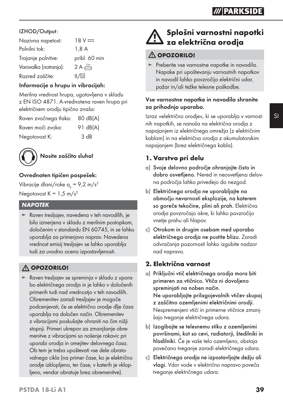 Splošni varnostni napotki za električna orodja | Parkside PSTDA 18-Li A1 User Manual | Page 43 / 89