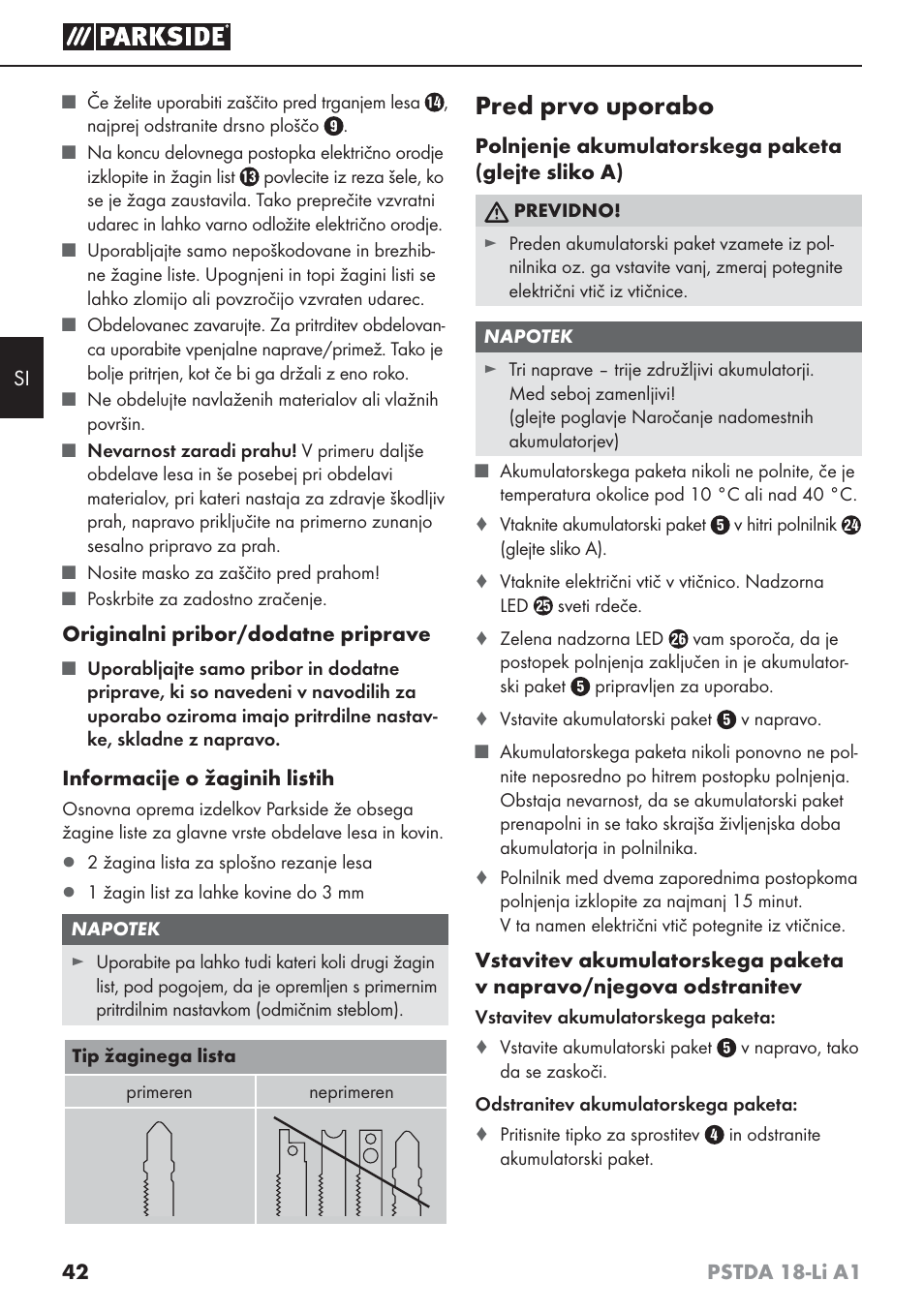 Pred prvo uporabo | Parkside PSTDA 18-Li A1 User Manual | Page 46 / 89