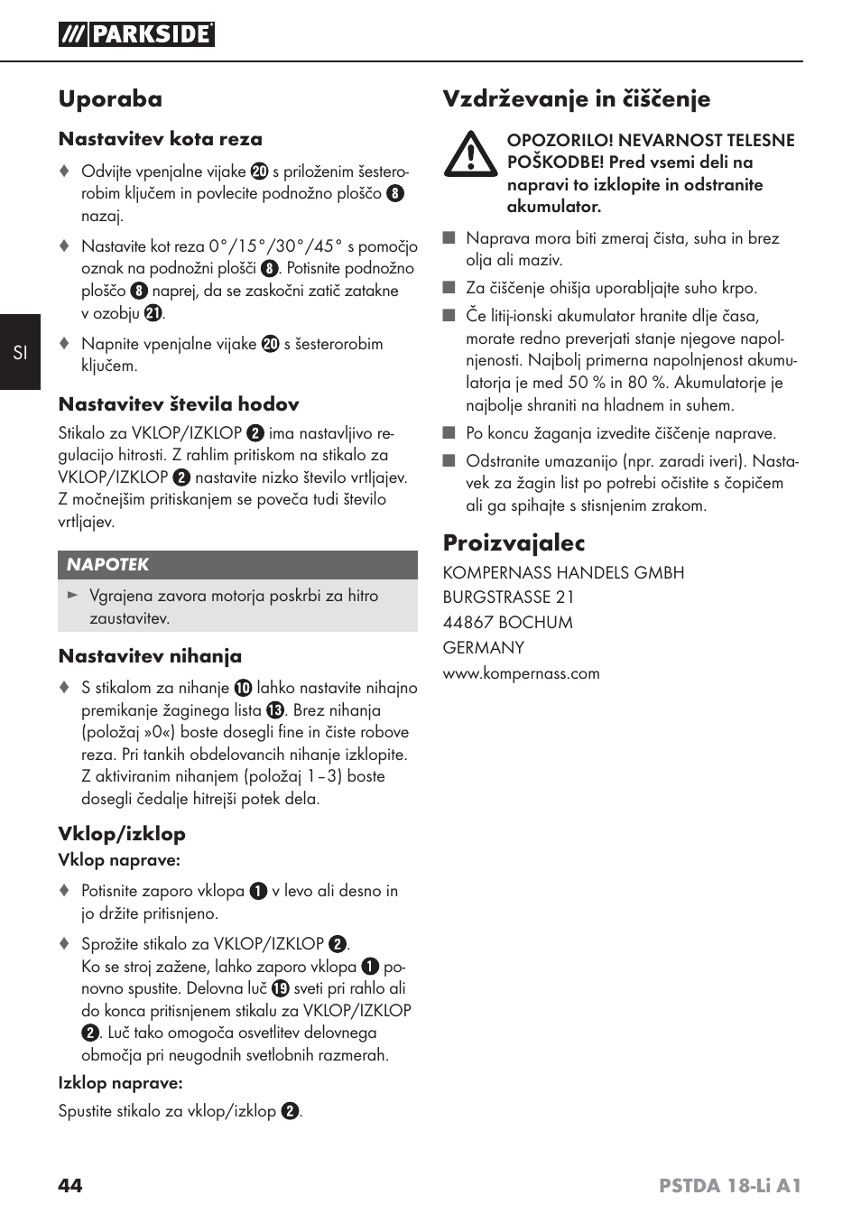 Uporaba, Vzdrževanje in čiščenje, Proizvajalec | Parkside PSTDA 18-Li A1 User Manual | Page 48 / 89