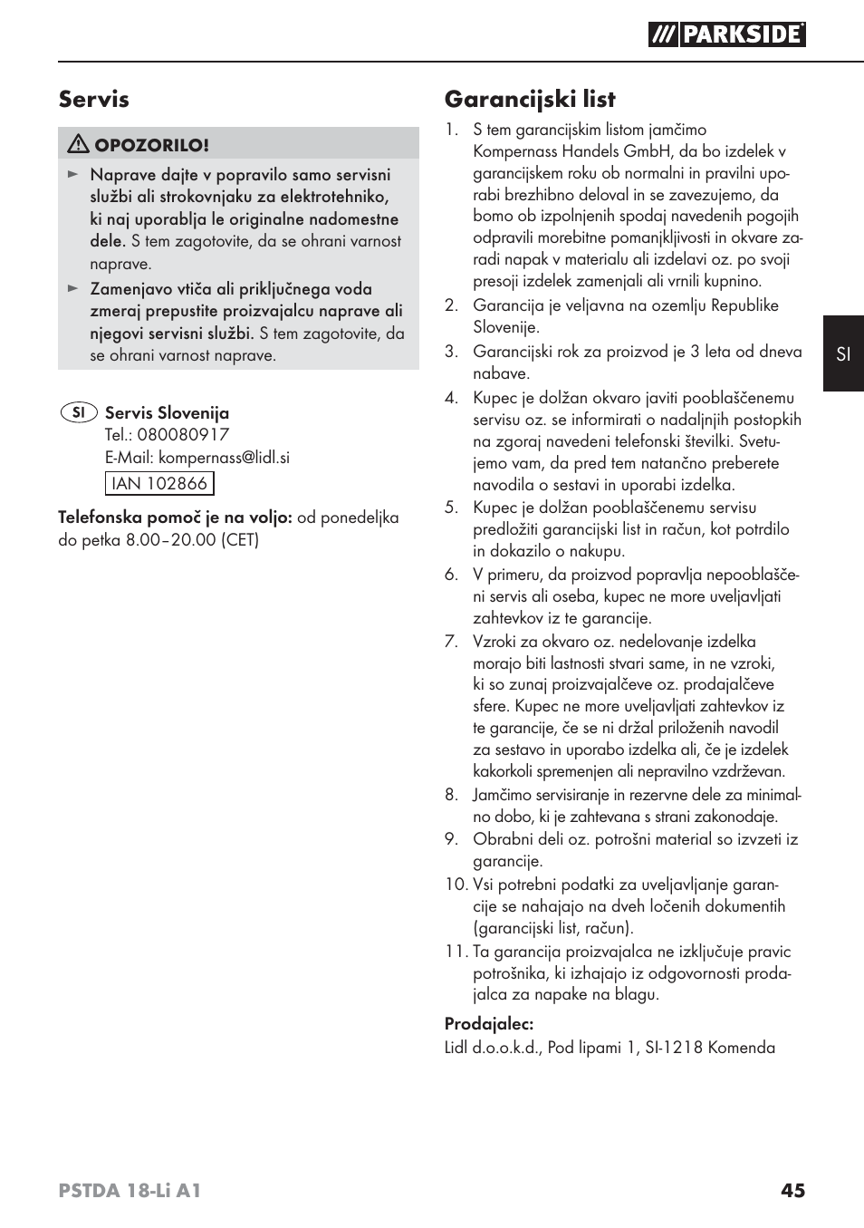 Servis, Garancijski list | Parkside PSTDA 18-Li A1 User Manual | Page 49 / 89
