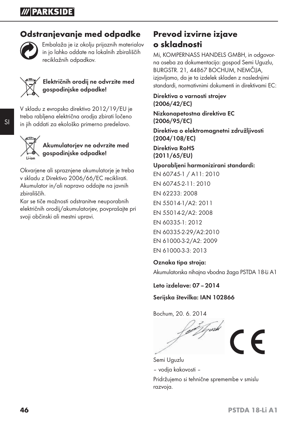 Odstranjevanje med odpadke, Prevod izvirne izjave o skladnosti | Parkside PSTDA 18-Li A1 User Manual | Page 50 / 89