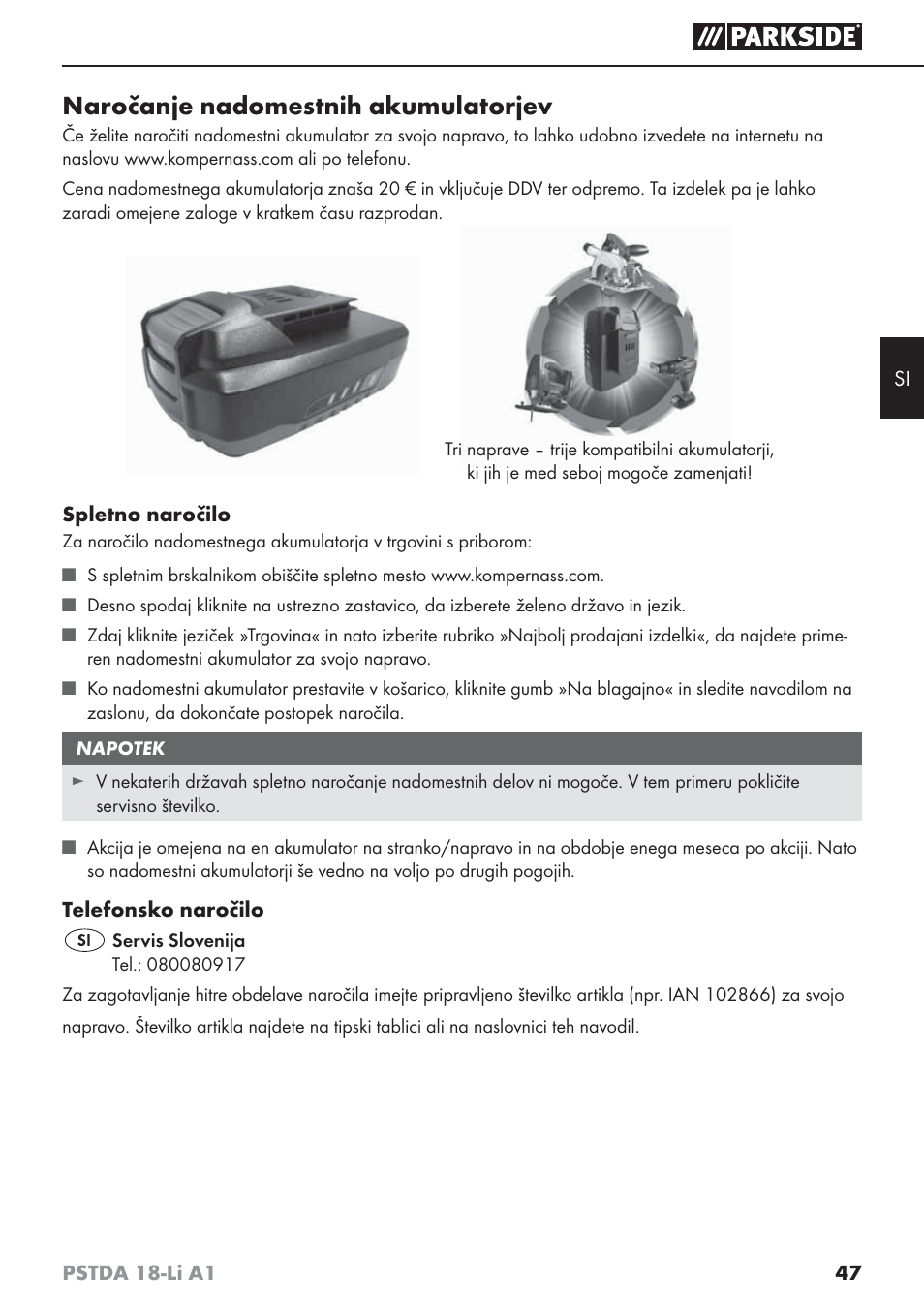 Naročanje nadomestnih akumulatorjev | Parkside PSTDA 18-Li A1 User Manual | Page 51 / 89