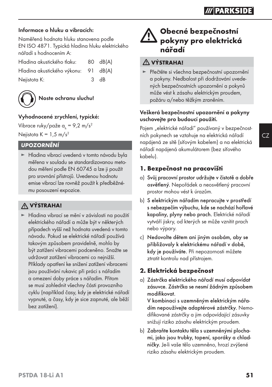 Obecné bezpečnostní pokyny pro elektrická nářadí | Parkside PSTDA 18-Li A1 User Manual | Page 55 / 89