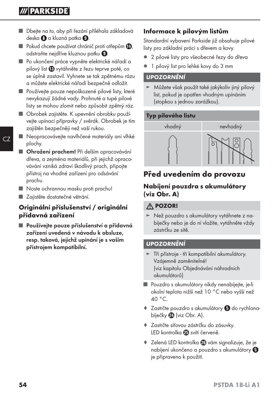 Před uvedením do provozu | Parkside PSTDA 18-Li A1 User Manual | Page 58 / 89