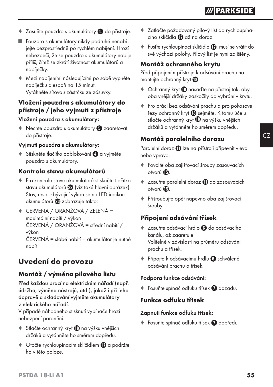 Uvedení do provozu | Parkside PSTDA 18-Li A1 User Manual | Page 59 / 89