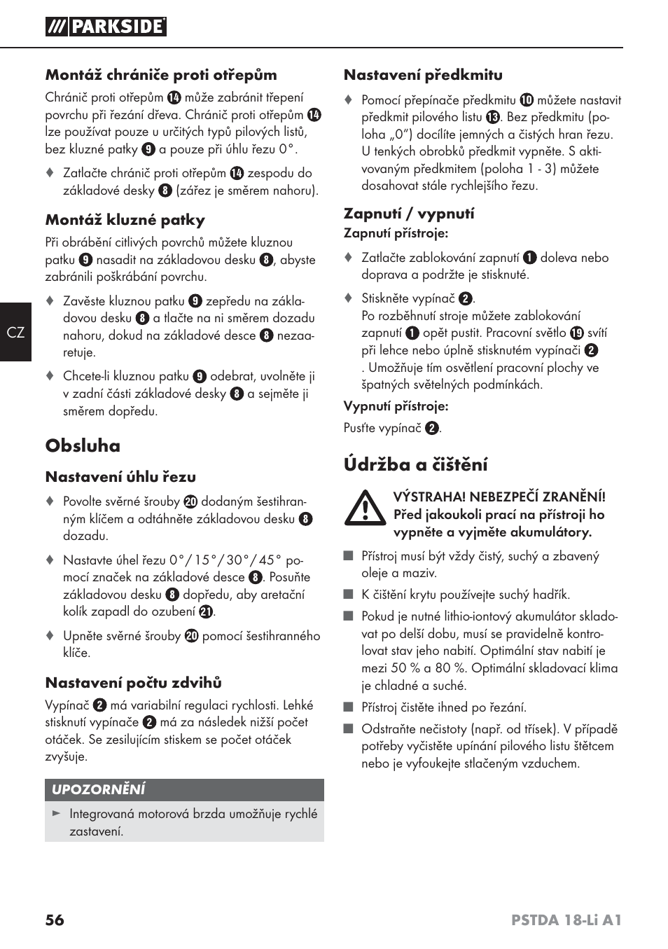 Obsluha, Údržba a čištění | Parkside PSTDA 18-Li A1 User Manual | Page 60 / 89