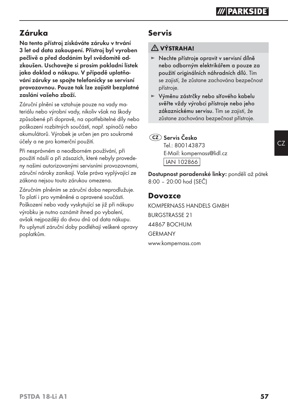 Záruka, Servis, Dovozce | Parkside PSTDA 18-Li A1 User Manual | Page 61 / 89