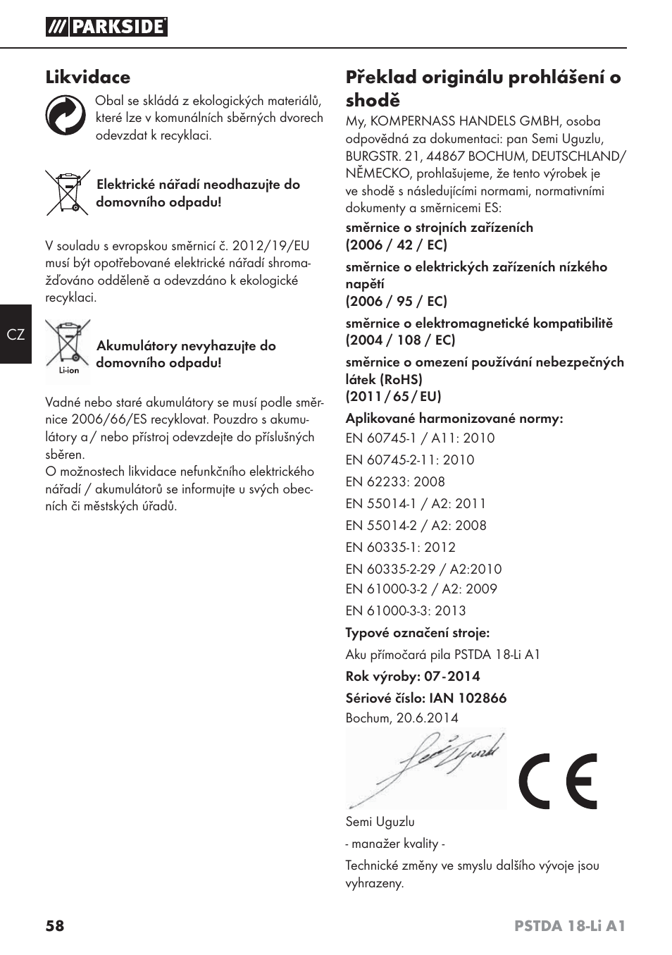 Likvidace, Překlad originálu prohlášení o shodě | Parkside PSTDA 18-Li A1 User Manual | Page 62 / 89