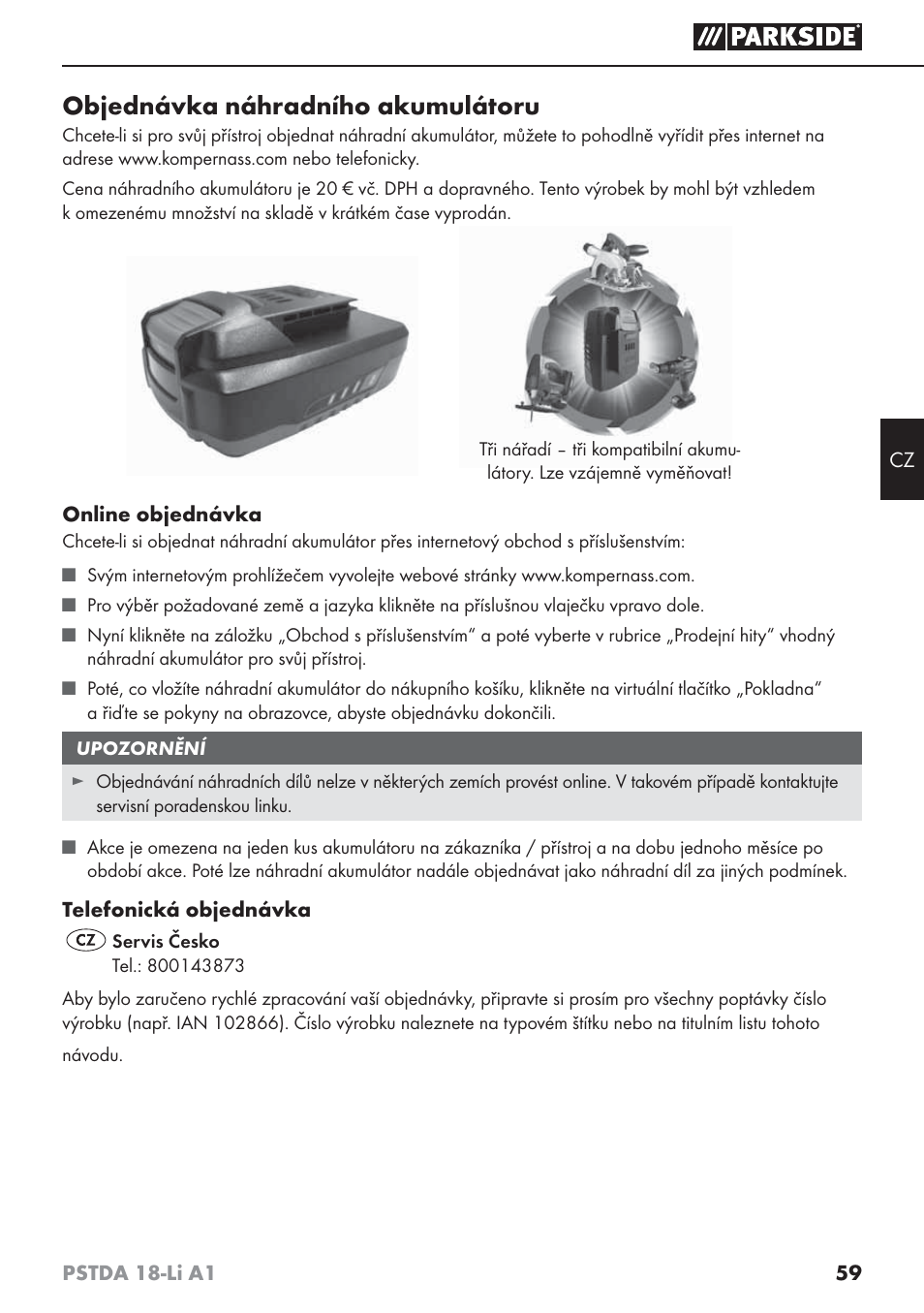 Objednávka náhradního akumulátoru | Parkside PSTDA 18-Li A1 User Manual | Page 63 / 89