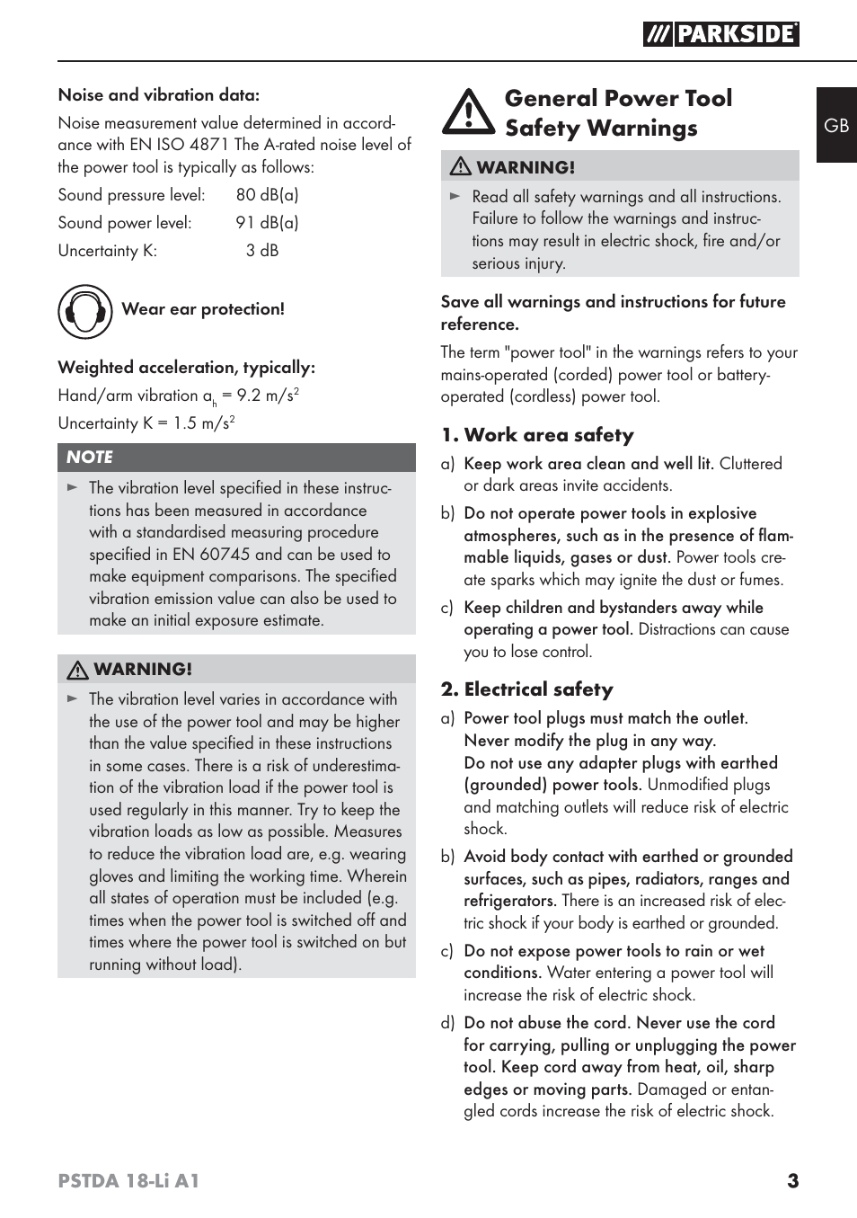 General power tool safety warnings | Parkside PSTDA 18-Li A1 User Manual | Page 7 / 89