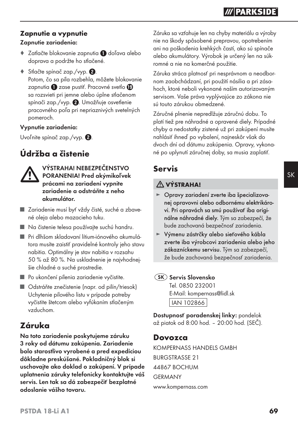 Údržba a čistenie, Záruka, Servis | Dovozca | Parkside PSTDA 18-Li A1 User Manual | Page 73 / 89