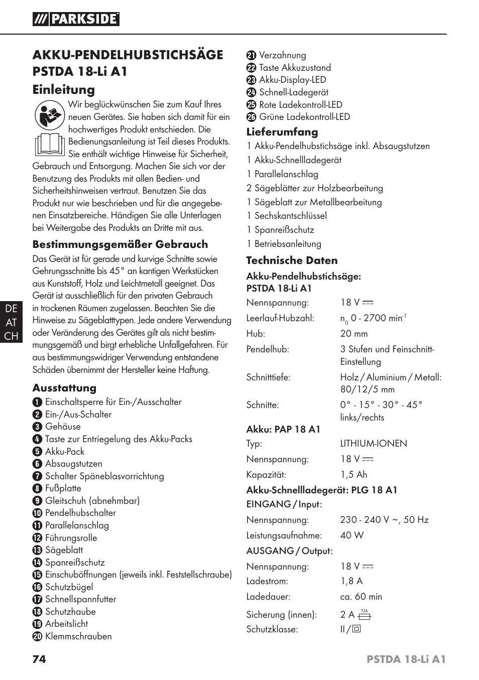 Akku-pendelhubstichsäge pstda 18-li a1 einleitung | Parkside PSTDA 18-Li A1 User Manual | Page 78 / 89