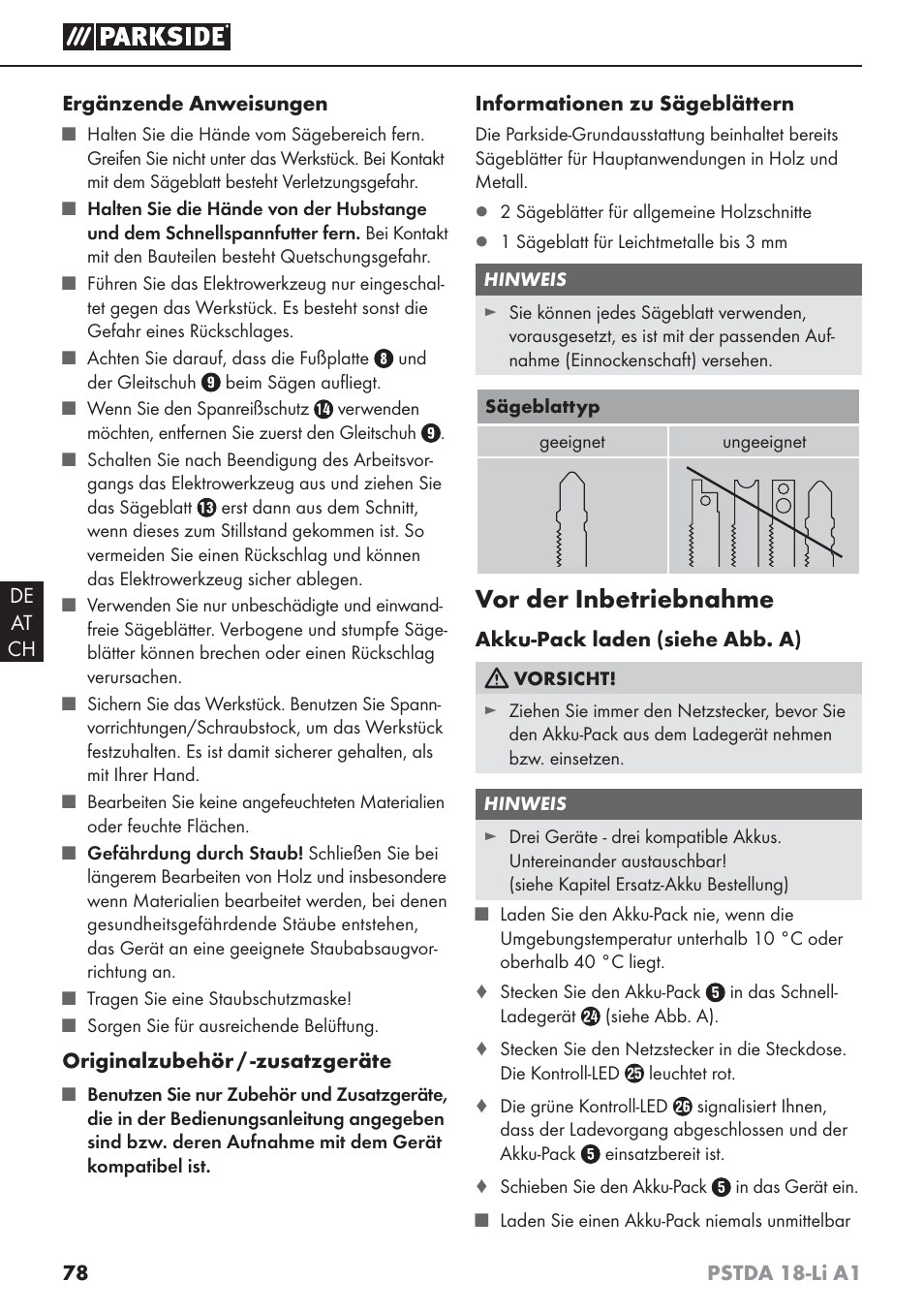 Vor der inbetriebnahme | Parkside PSTDA 18-Li A1 User Manual | Page 82 / 89