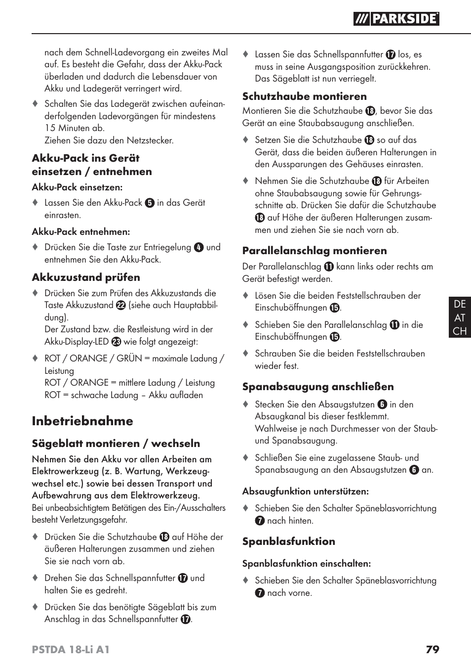 Inbetriebnahme | Parkside PSTDA 18-Li A1 User Manual | Page 83 / 89