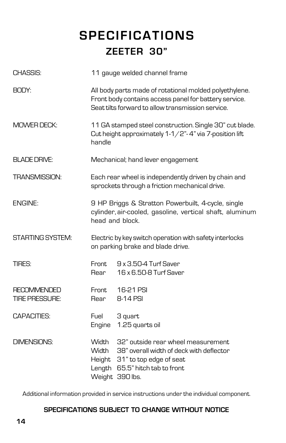 Specifications, Zeeter 30 | Dixon SpeedZTR ZTR 30 User Manual | Page 14 / 48