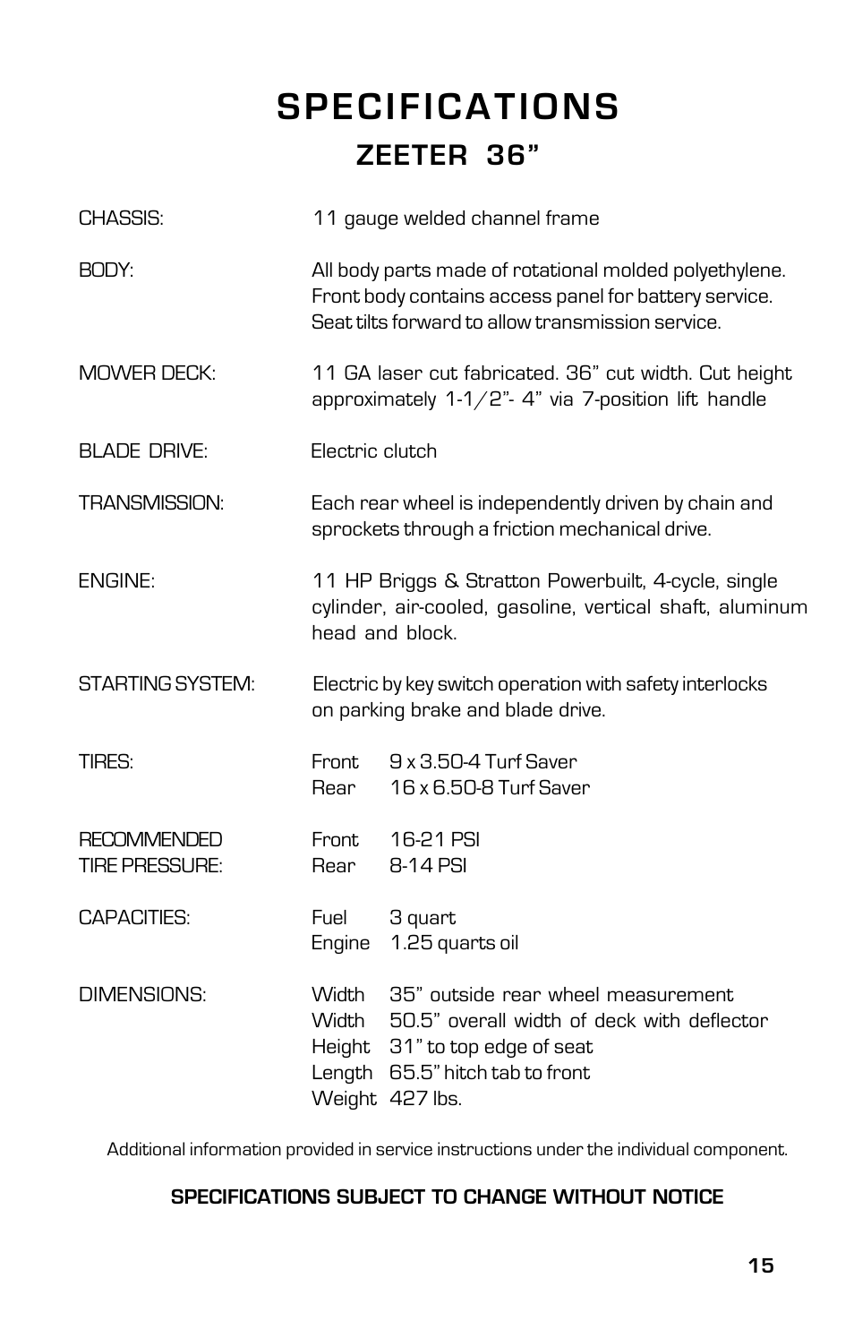 Specifications, Zeeter 36 | Dixon SpeedZTR ZTR 30 User Manual | Page 15 / 48