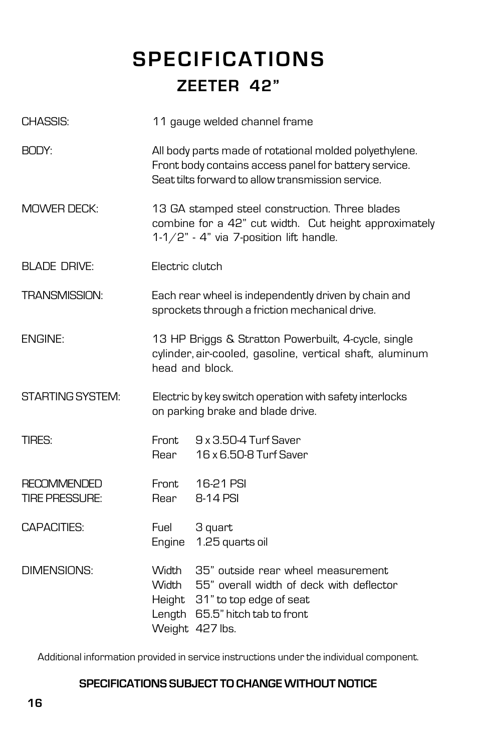 Specifications, Zeeter 42 | Dixon SpeedZTR ZTR 30 User Manual | Page 16 / 48