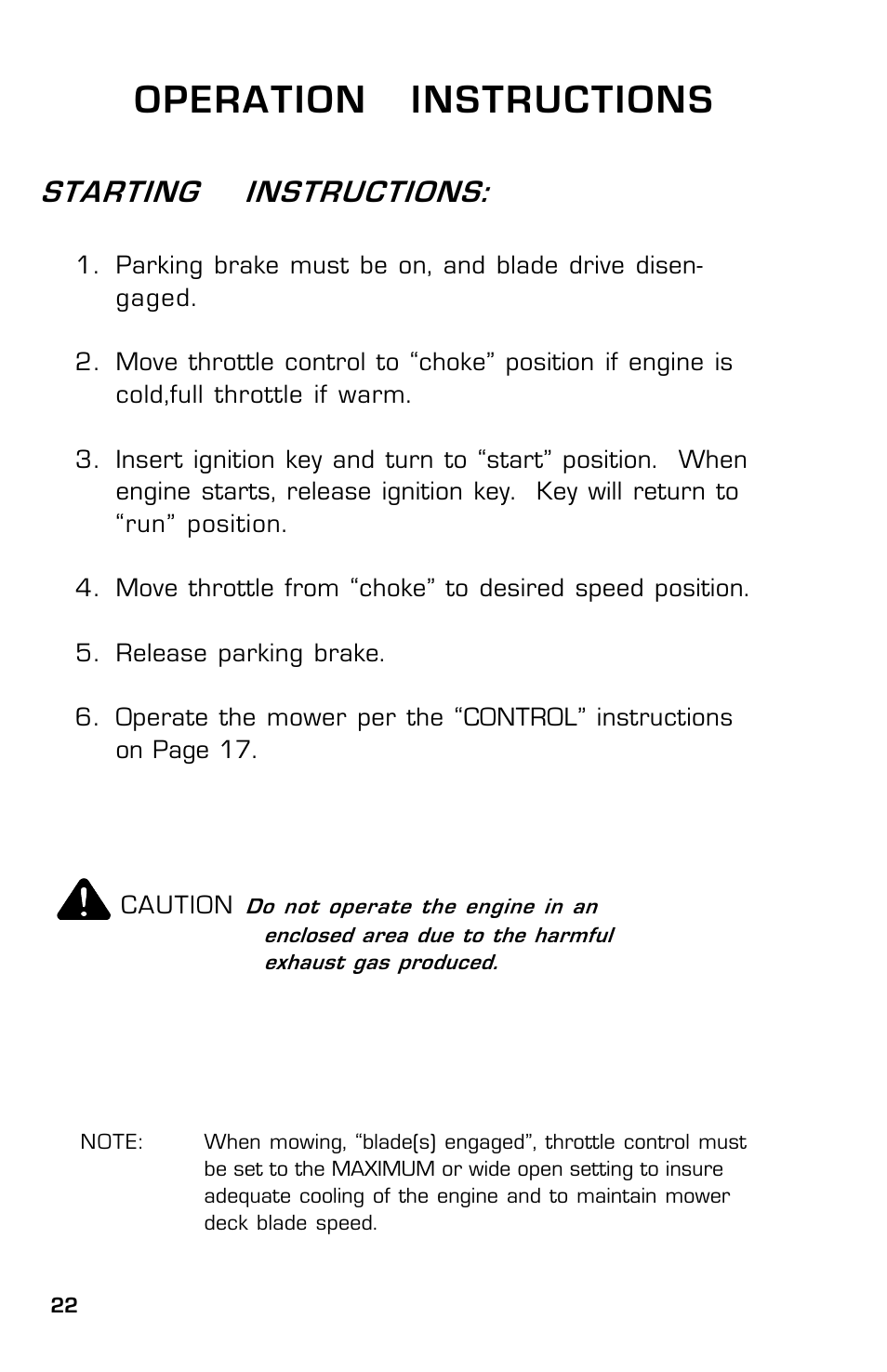 Operation instructions, Starting instructions | Dixon SpeedZTR ZTR 30 User Manual | Page 22 / 48