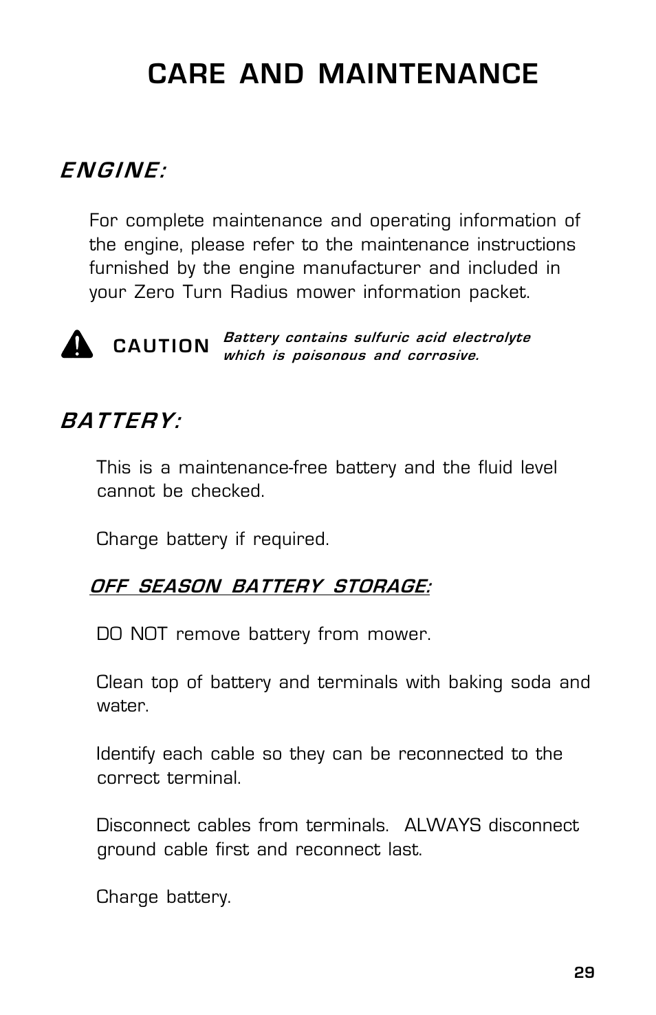 Care and maintenance, Battery | Dixon SpeedZTR ZTR 30 User Manual | Page 29 / 48