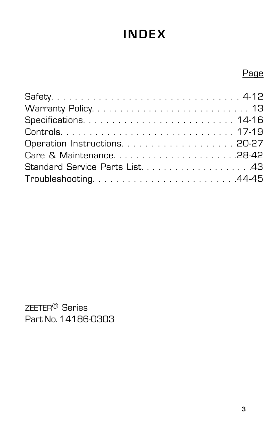 Index | Dixon SpeedZTR ZTR 30 User Manual | Page 3 / 48