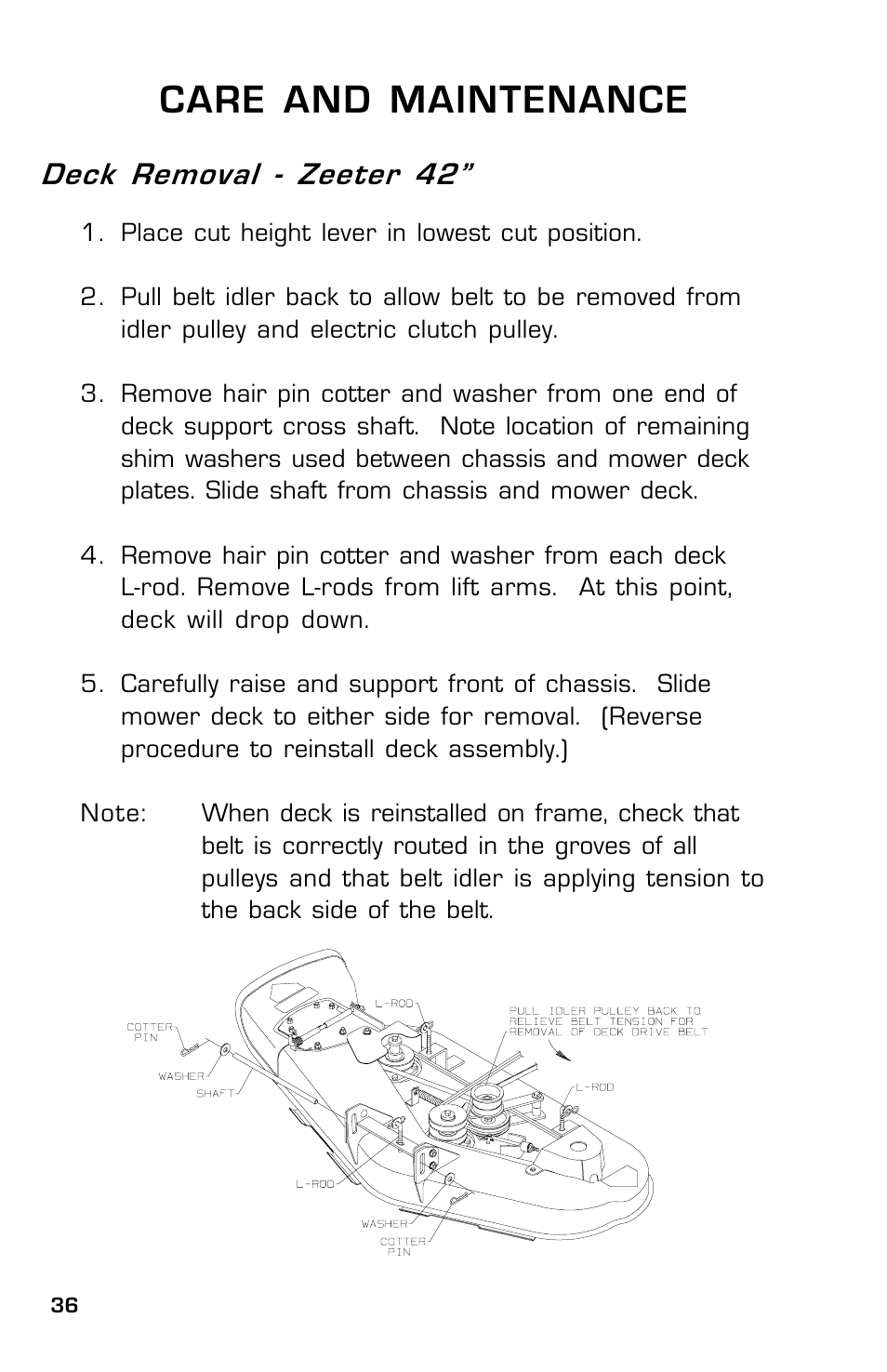 Care and maintenance, Deck removal - zeeter 42 | Dixon SpeedZTR ZTR 30 User Manual | Page 36 / 48