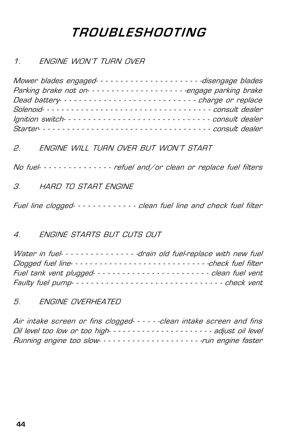 Troubleshooting | Dixon SpeedZTR ZTR 30 User Manual | Page 44 / 48