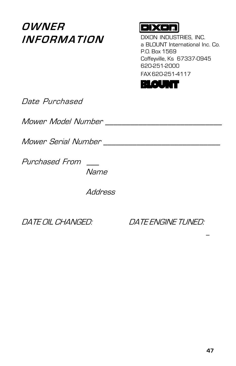 Owner information | Dixon SpeedZTR ZTR 30 User Manual | Page 47 / 48