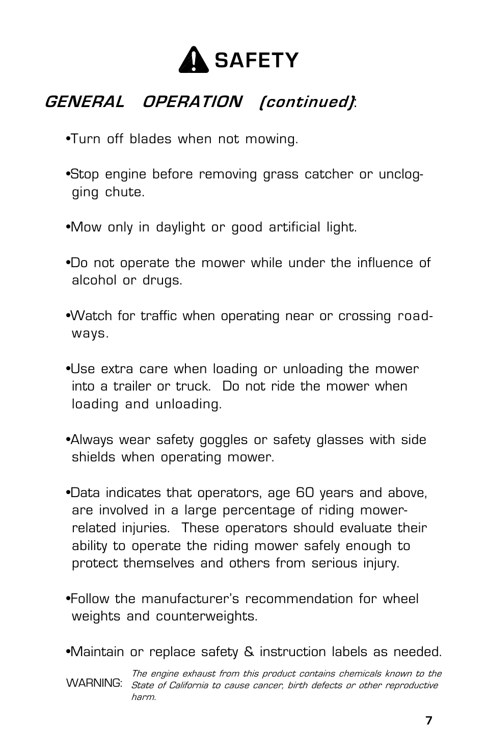 Safety, General operation (continued) | Dixon SpeedZTR ZTR 30 User Manual | Page 7 / 48