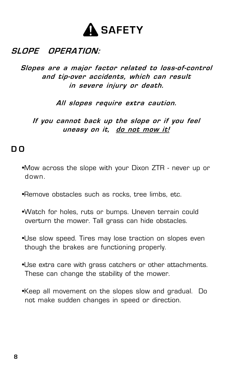 Safety, Slope operation | Dixon SpeedZTR ZTR 30 User Manual | Page 8 / 48