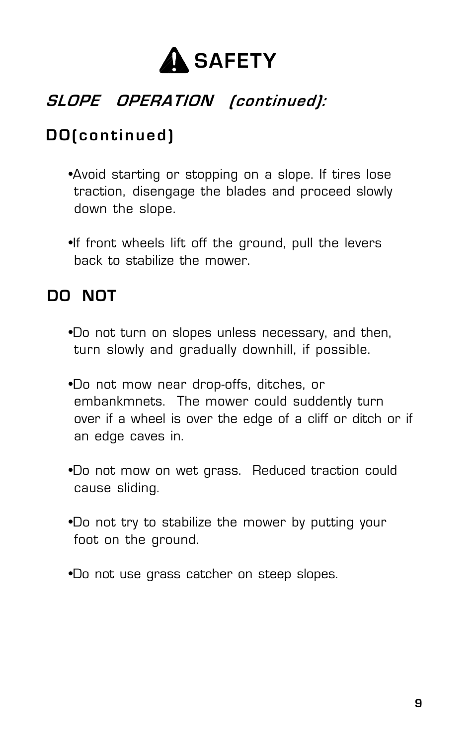 Safety, Do not, Slope operation (continued): do(continued) | Dixon SpeedZTR ZTR 30 User Manual | Page 9 / 48