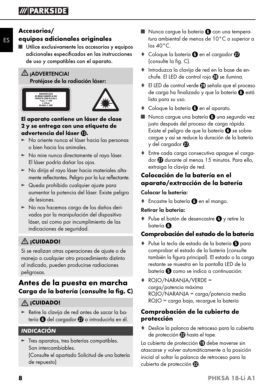 Antes de la puesta en marcha | Parkside PHKSA 18-Li A1 User Manual | Page 11 / 72