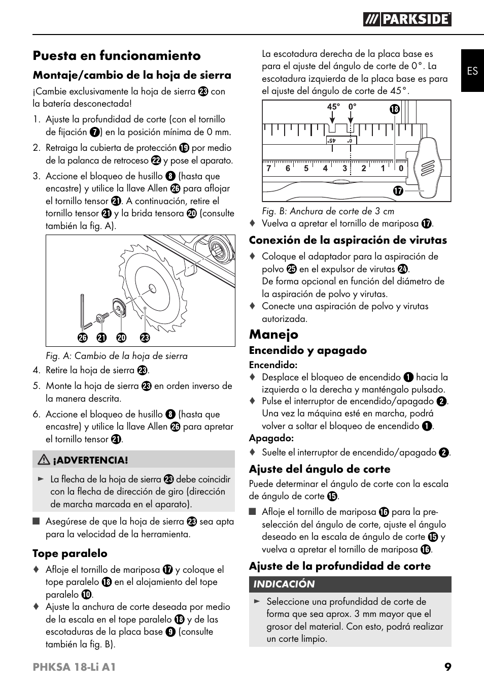 Puesta en funcionamiento, Manejo | Parkside PHKSA 18-Li A1 User Manual | Page 12 / 72