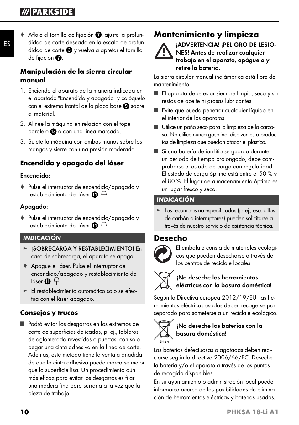 Mantenimiento y limpieza, Desecho | Parkside PHKSA 18-Li A1 User Manual | Page 13 / 72