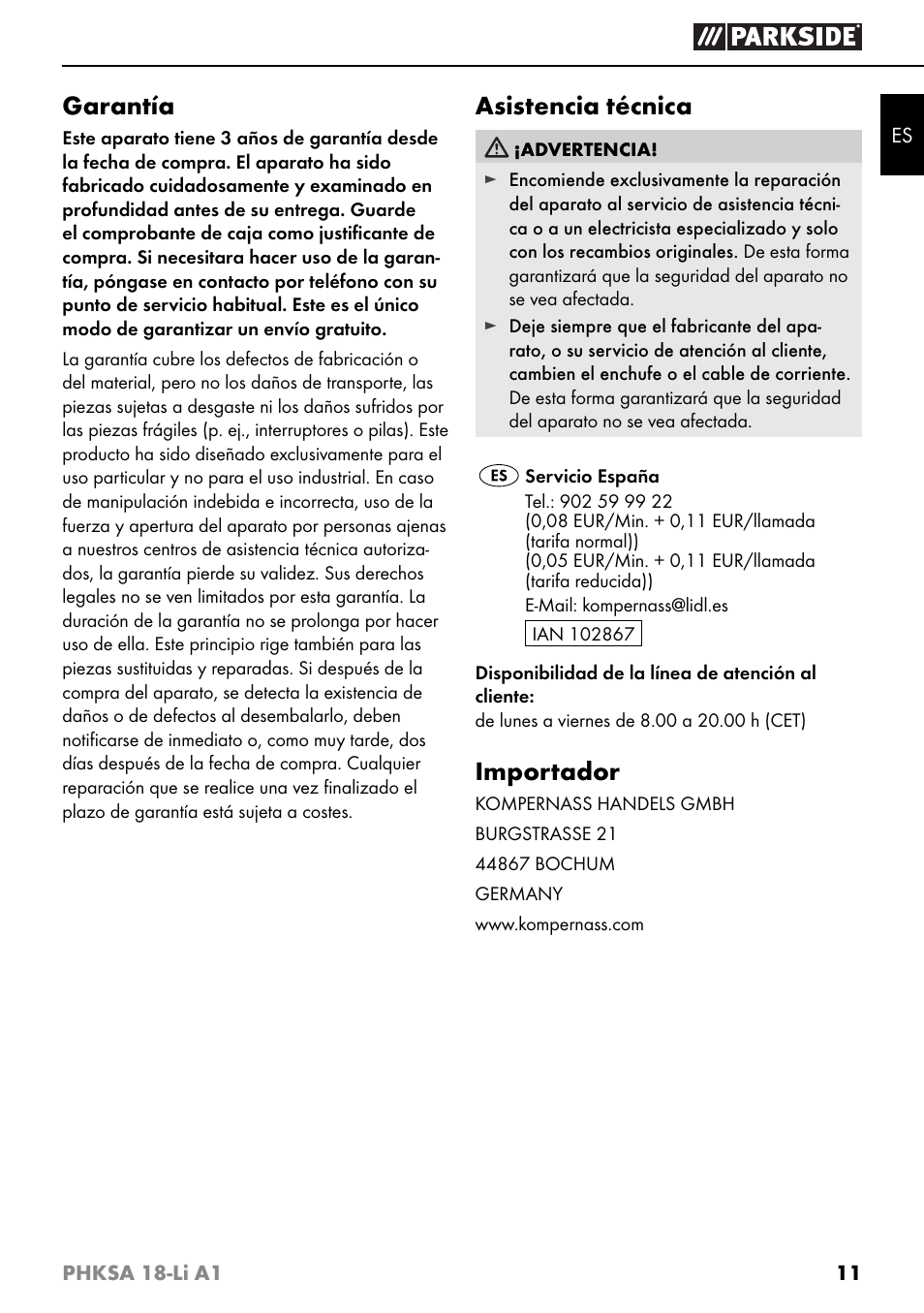 Garantía, Asistencia técnica, Importador | Parkside PHKSA 18-Li A1 User Manual | Page 14 / 72