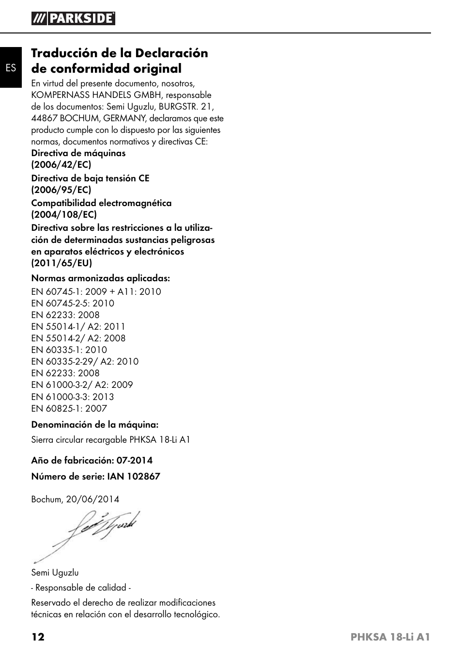 Parkside PHKSA 18-Li A1 User Manual | Page 15 / 72