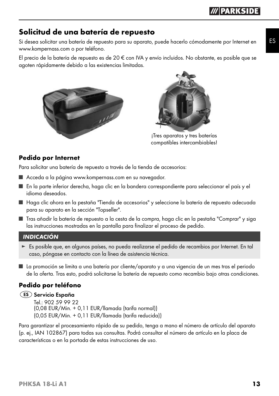 Solicitud de una batería de repuesto | Parkside PHKSA 18-Li A1 User Manual | Page 16 / 72