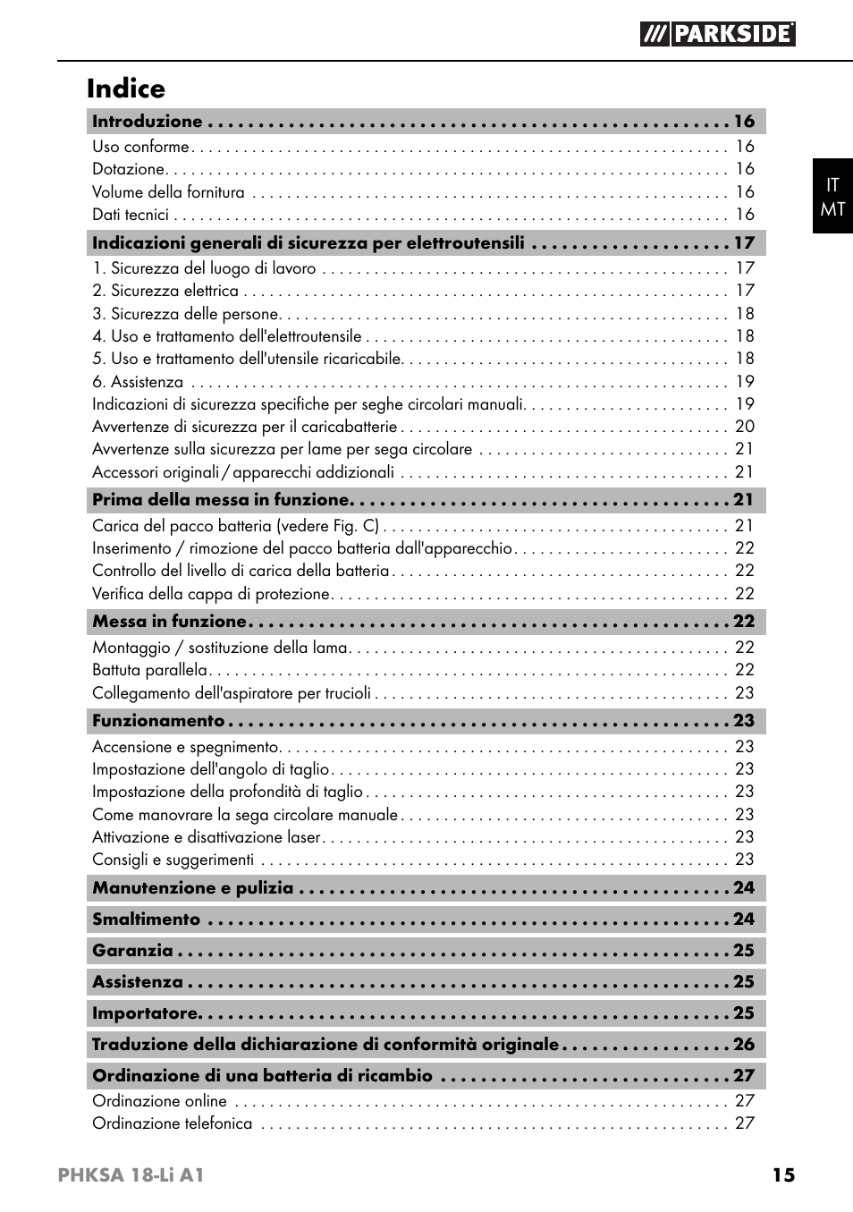 Indice | Parkside PHKSA 18-Li A1 User Manual | Page 18 / 72